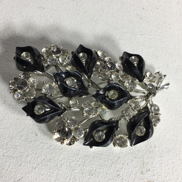 Vintage Silver Black Rhinestone Leaf Brooch - Picture 3 of 8